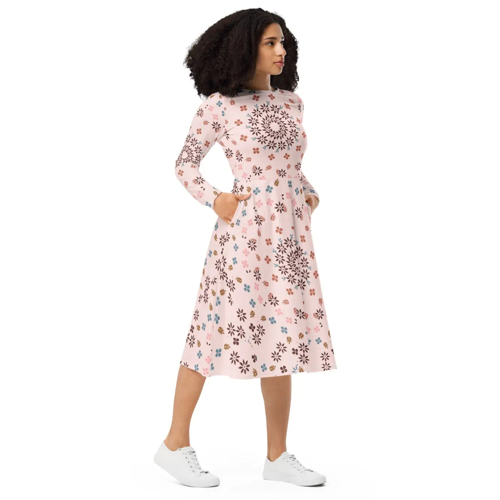 Floral Midi Dress - Pink Long Sleeves Statement Style - DipaliZ