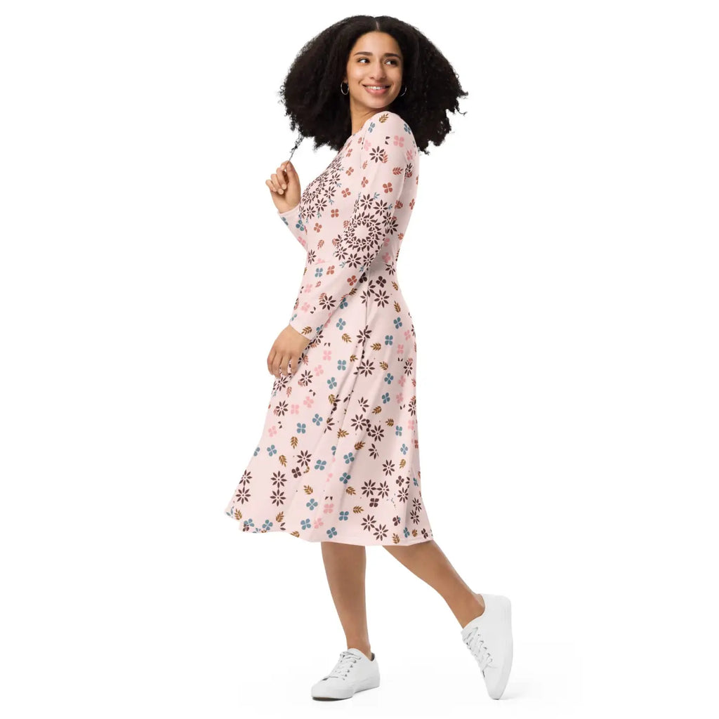 Floral Midi Dress - Pink Long Sleeves Statement Style - DipaliZ