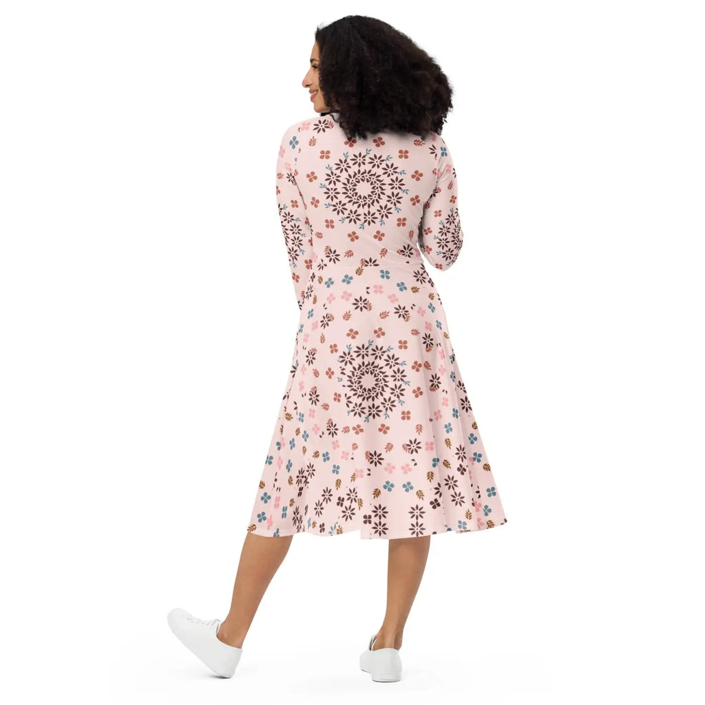 Floral Midi Dress - Pink Long Sleeves Statement Style - DipaliZ