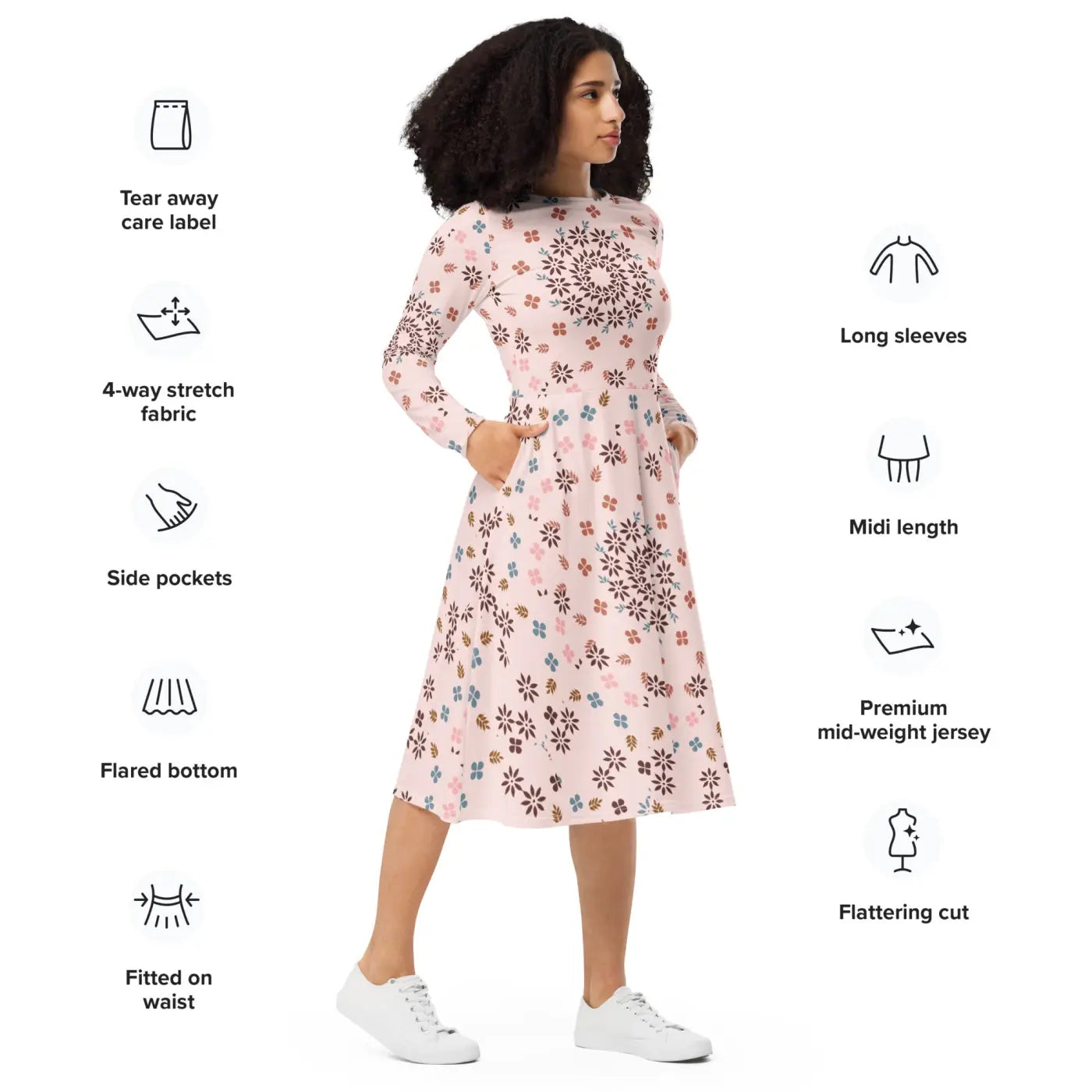 Floral Midi Dress - Pink Long Sleeves Statement Style - DipaliZ