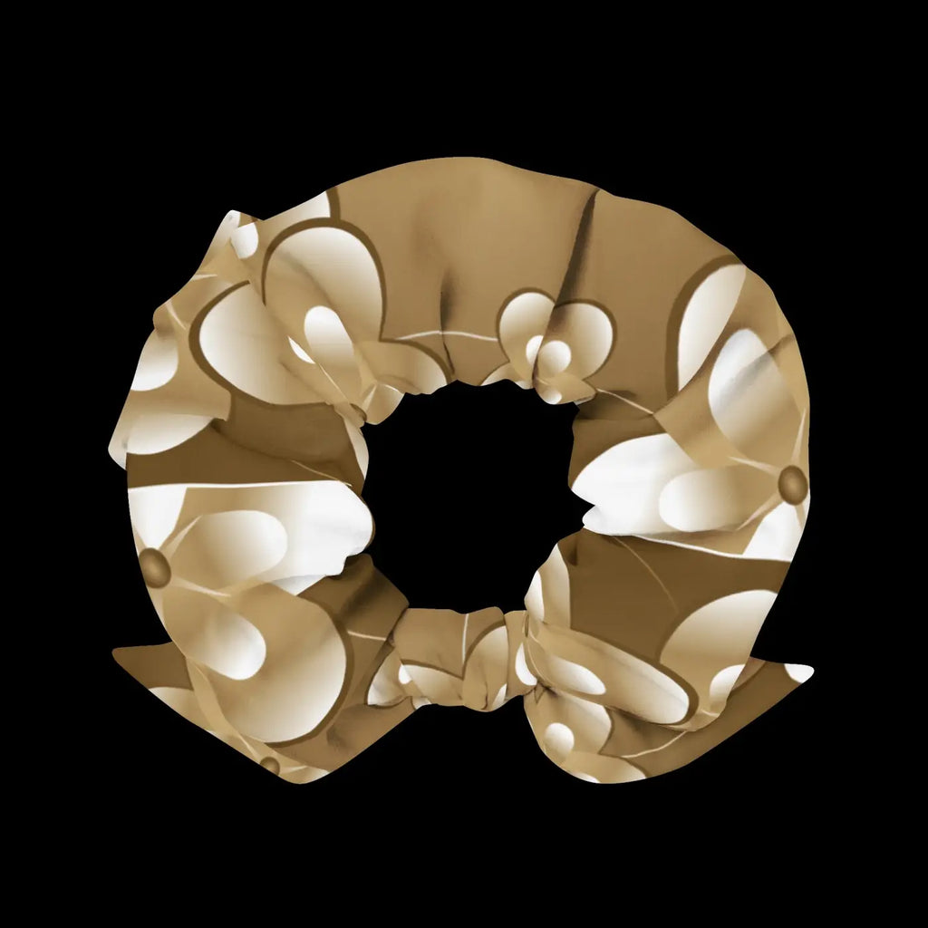Recycled Scrunchie - White Flowers on Brown Eco-Friendly - DipaliZ