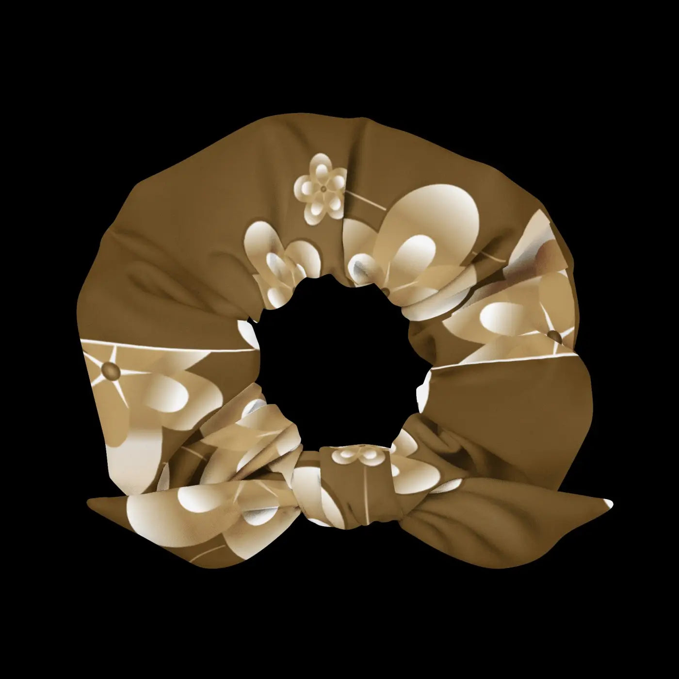 Recycled Scrunchie - White Flowers on Brown Eco-Friendly - DipaliZ