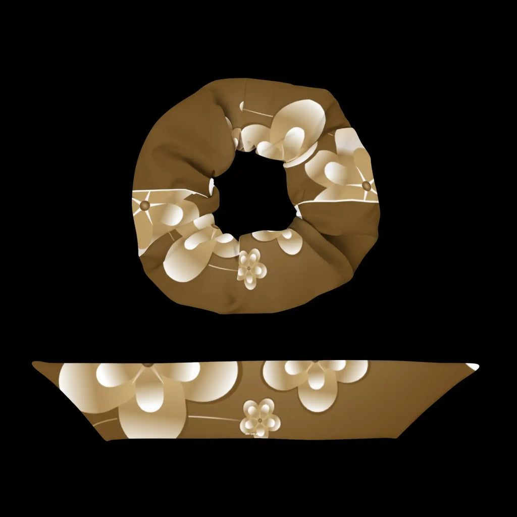 Recycled Scrunchie - White Flowers on Brown Eco-Friendly - DipaliZ