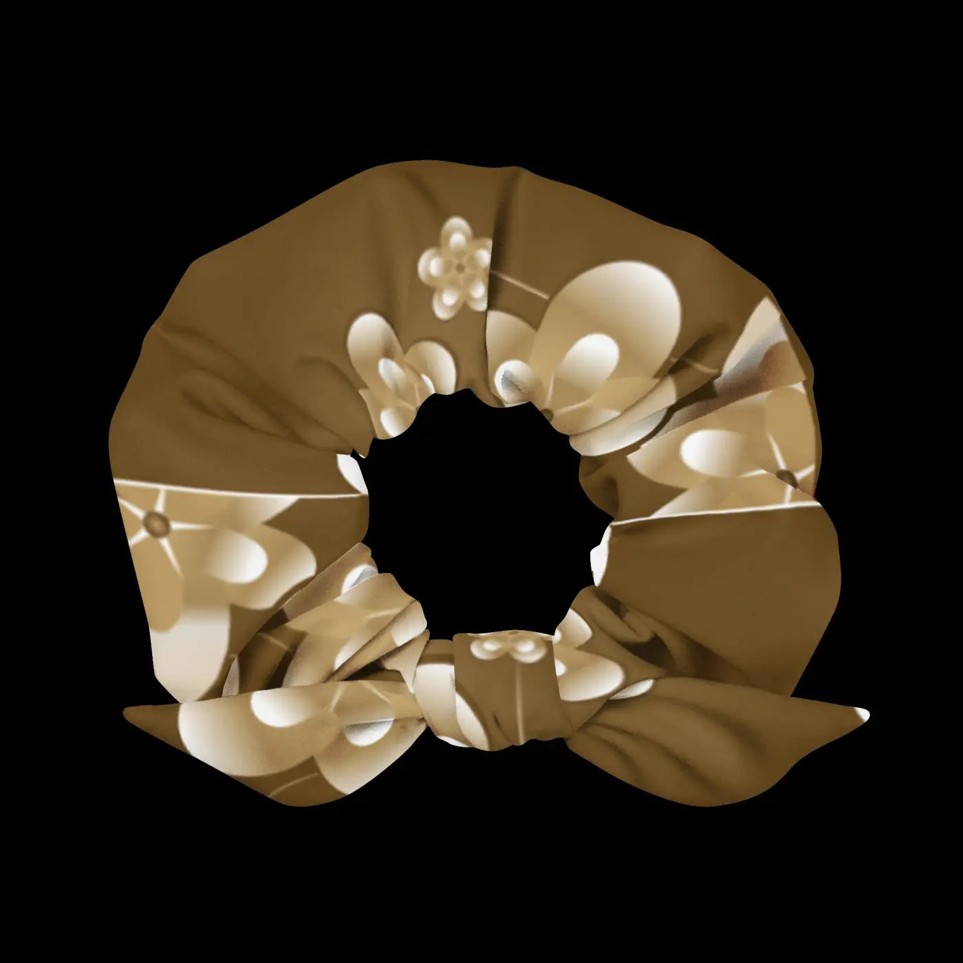 Recycled Scrunchie - White Flowers on Brown Eco-Friendly - DipaliZ
