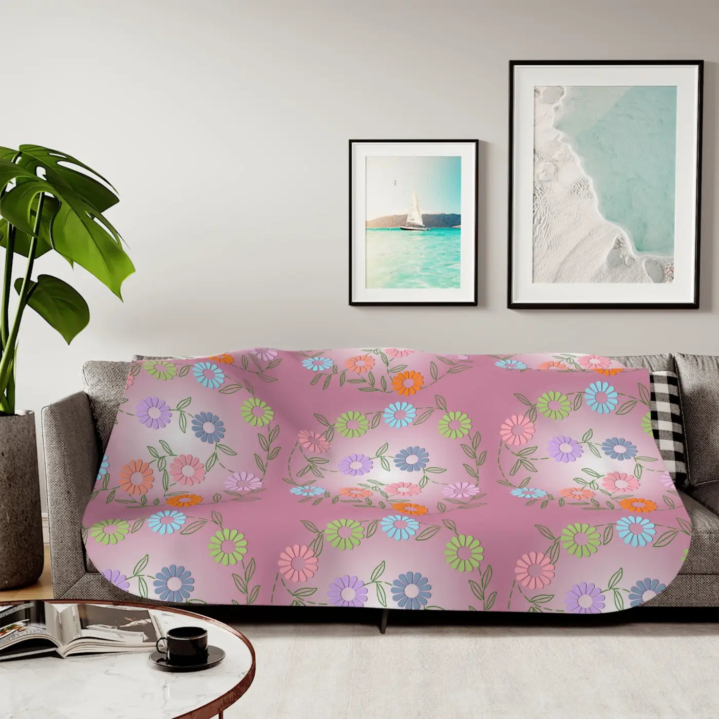 Floral Sherpa Blanket - Cozy Plush Throw in Two Colors - DipaliZ
