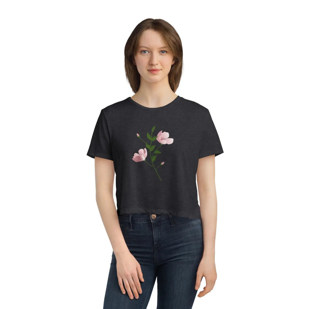 Flowy Cropped Tee - Pink Flower Polyester Style - DipaliZ