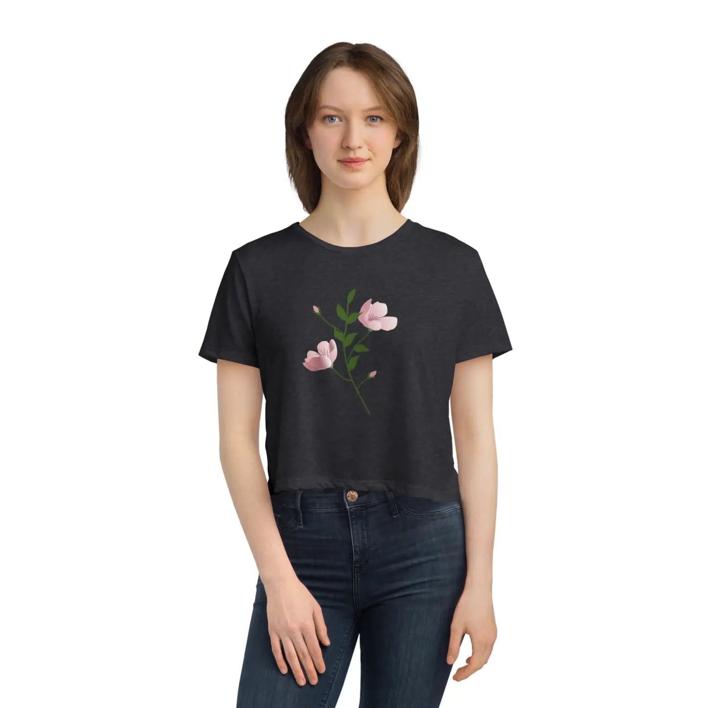Flowy Cropped Tee - Pink Flower Polyester Style - DipaliZ