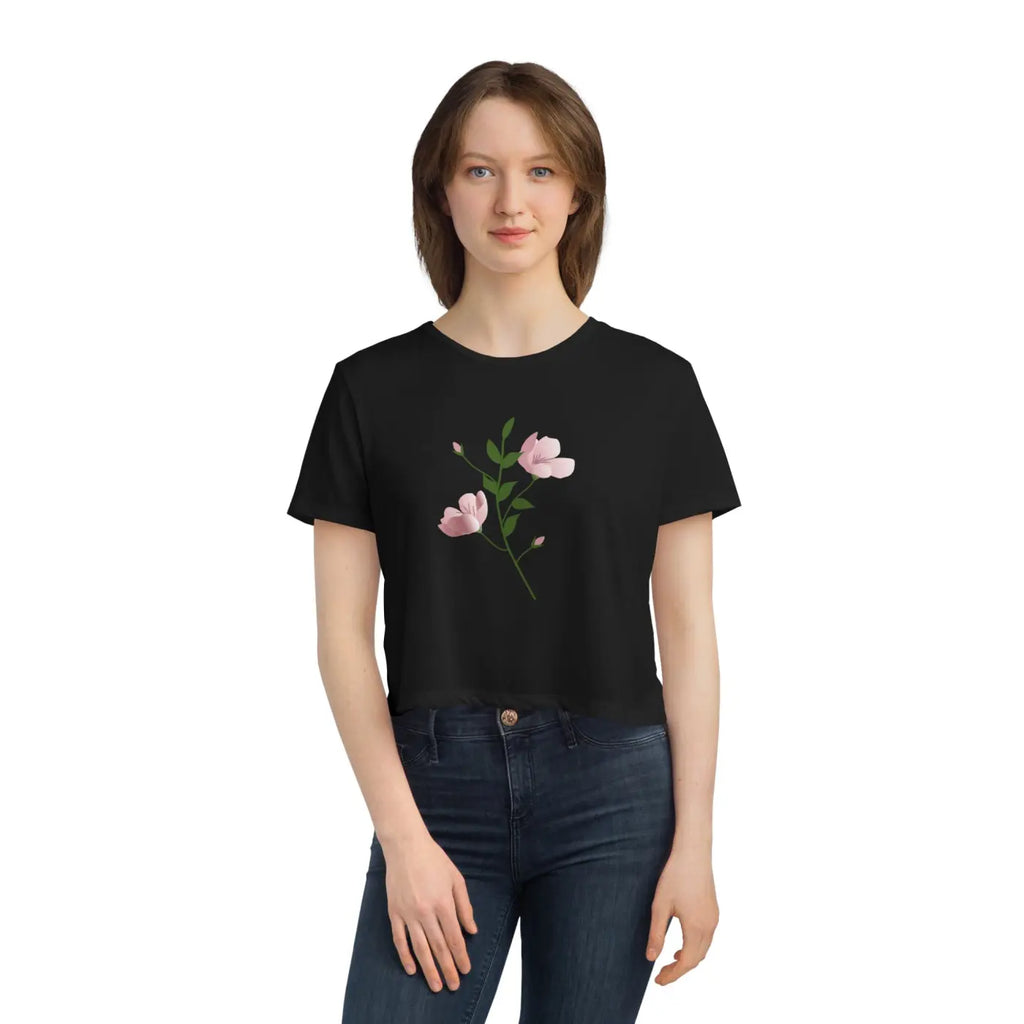 Flowy Cropped Tee - Pink Flower Polyester Style - DipaliZ