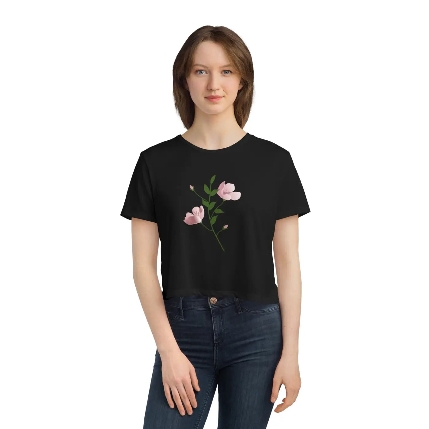 Flowy Cropped Tee - Pink Flower Polyester Style - DipaliZ