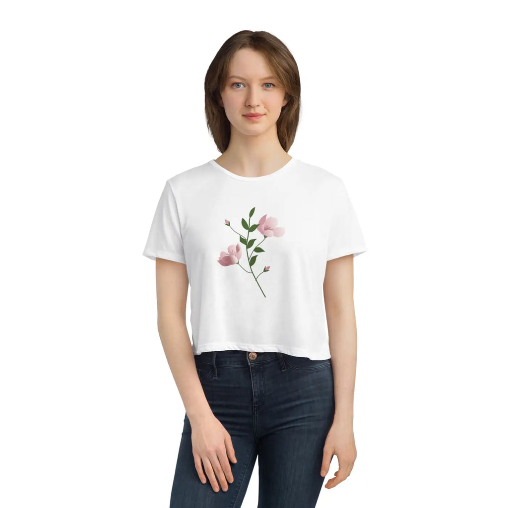 Flowy Cropped Tee - Pink Flower Polyester Style - DipaliZ