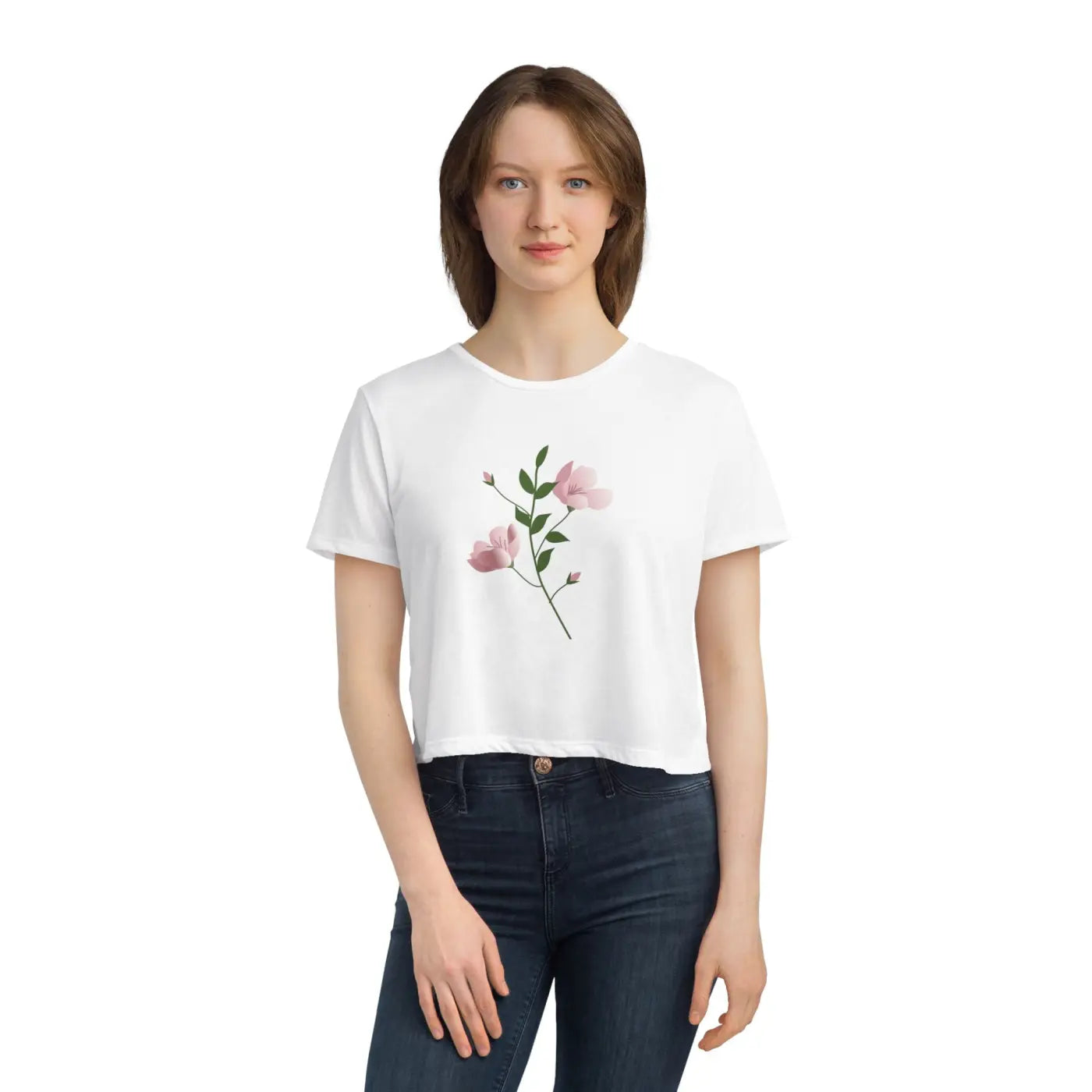 Flowy Cropped Tee - Pink Flower Polyester Style - DipaliZ