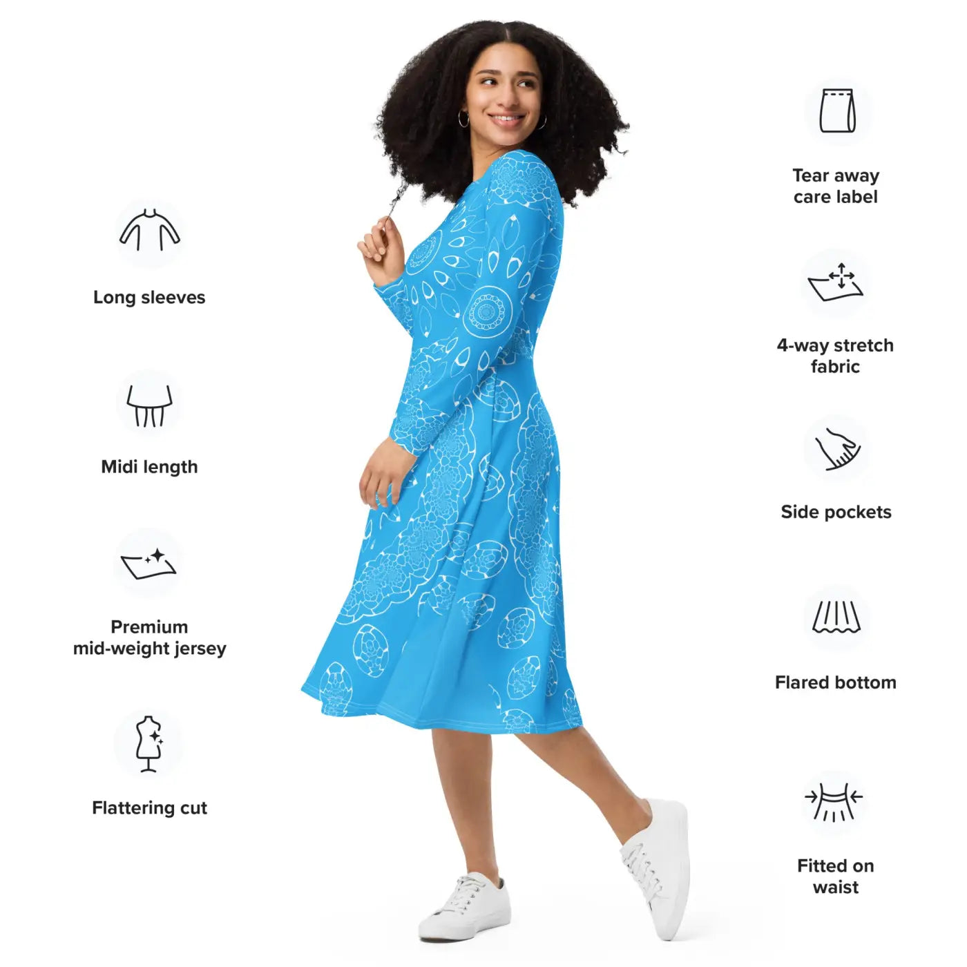 Blue Midi Dress - Geometric Print Long Sleeve - DipaliZ