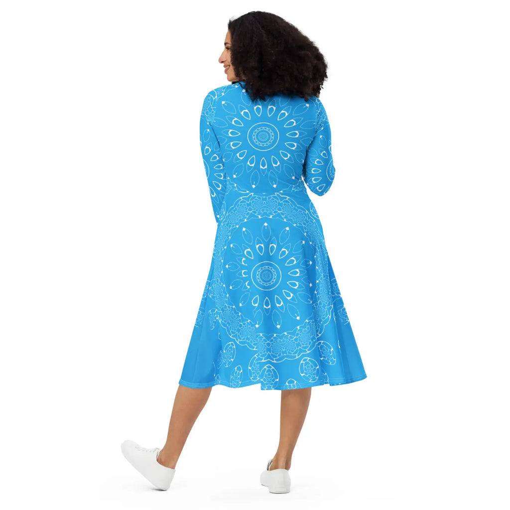 Blue Midi Dress - Geometric Print Long Sleeve - DipaliZ