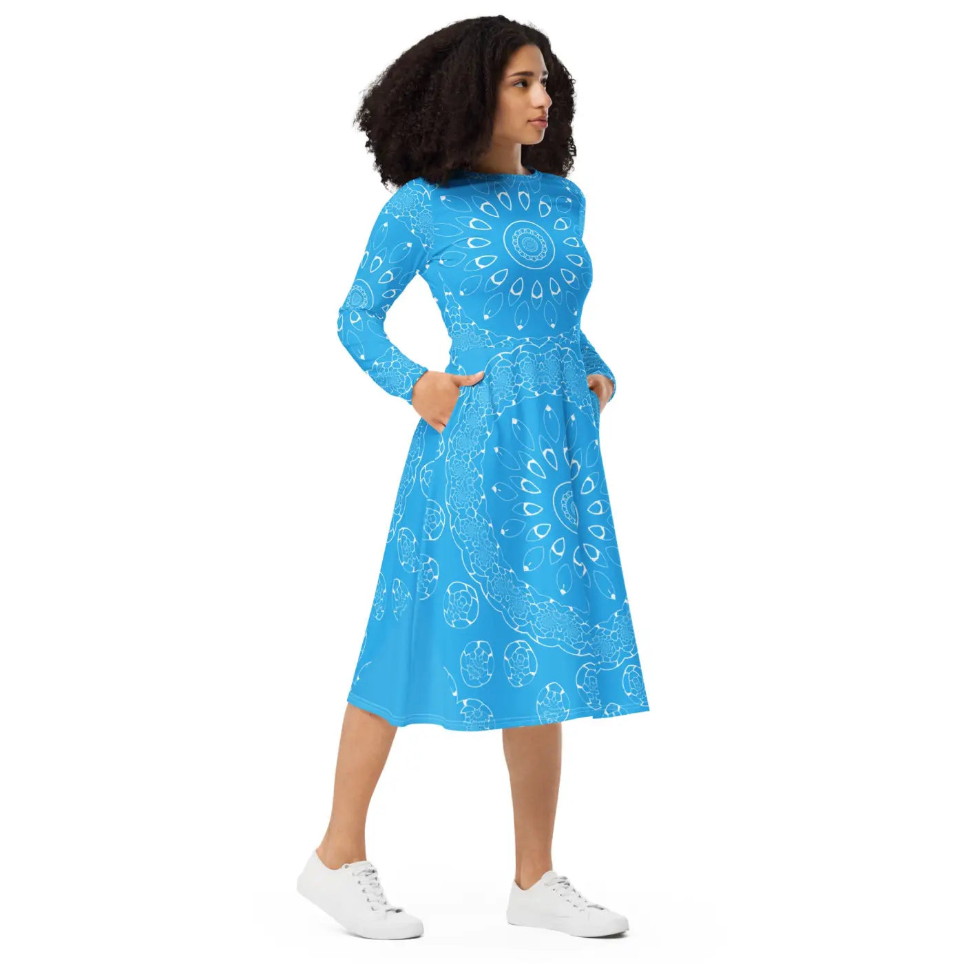 Blue Midi Dress - Geometric Print Long Sleeve - DipaliZ