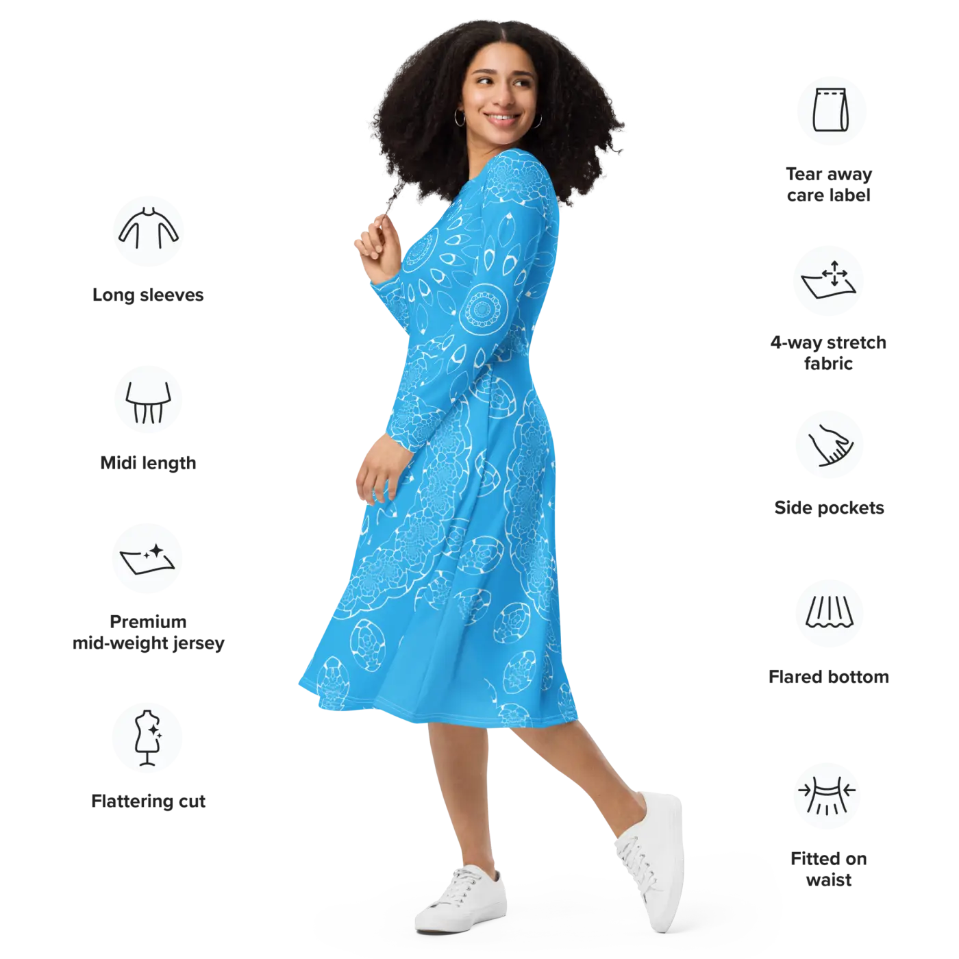 Blue Midi Dress - Geometric Print Long Sleeve - DipaliZ