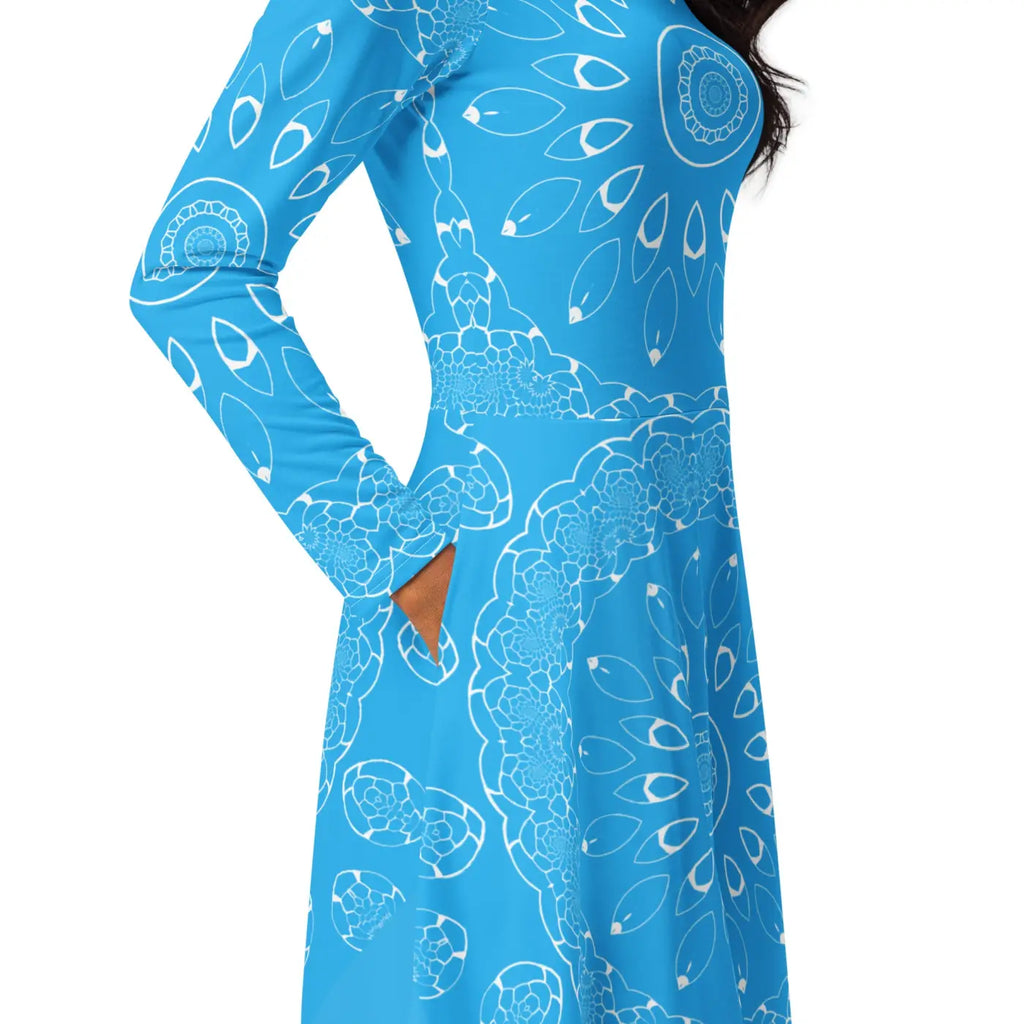 Blue Midi Dress - Geometric Print Long Sleeve - DipaliZ