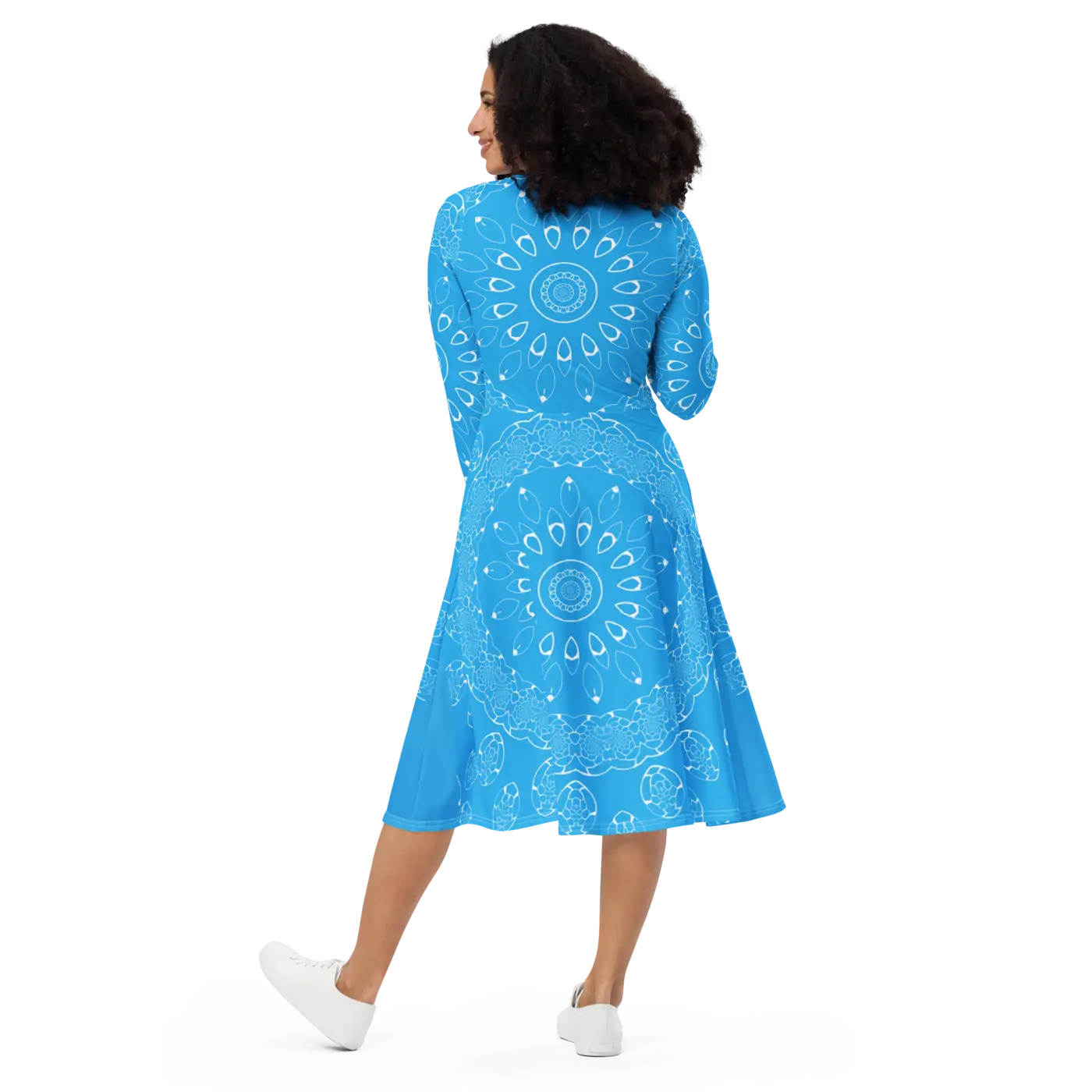 Blue Midi Dress - Geometric Print Long Sleeve - DipaliZ