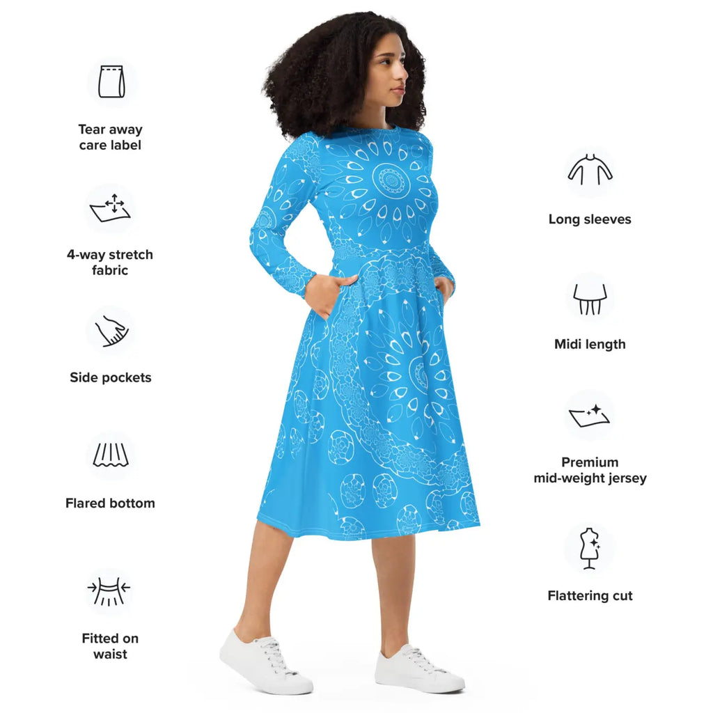 Blue Midi Dress - Geometric Print Long Sleeve - DipaliZ
