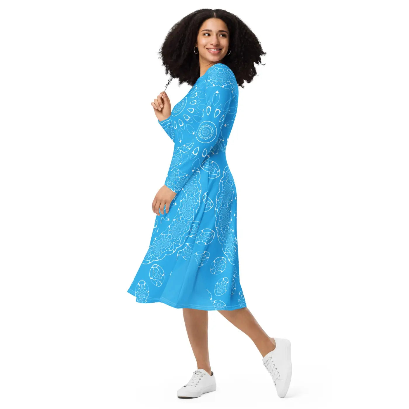 Blue Midi Dress - Geometric Print Long Sleeve - DipaliZ