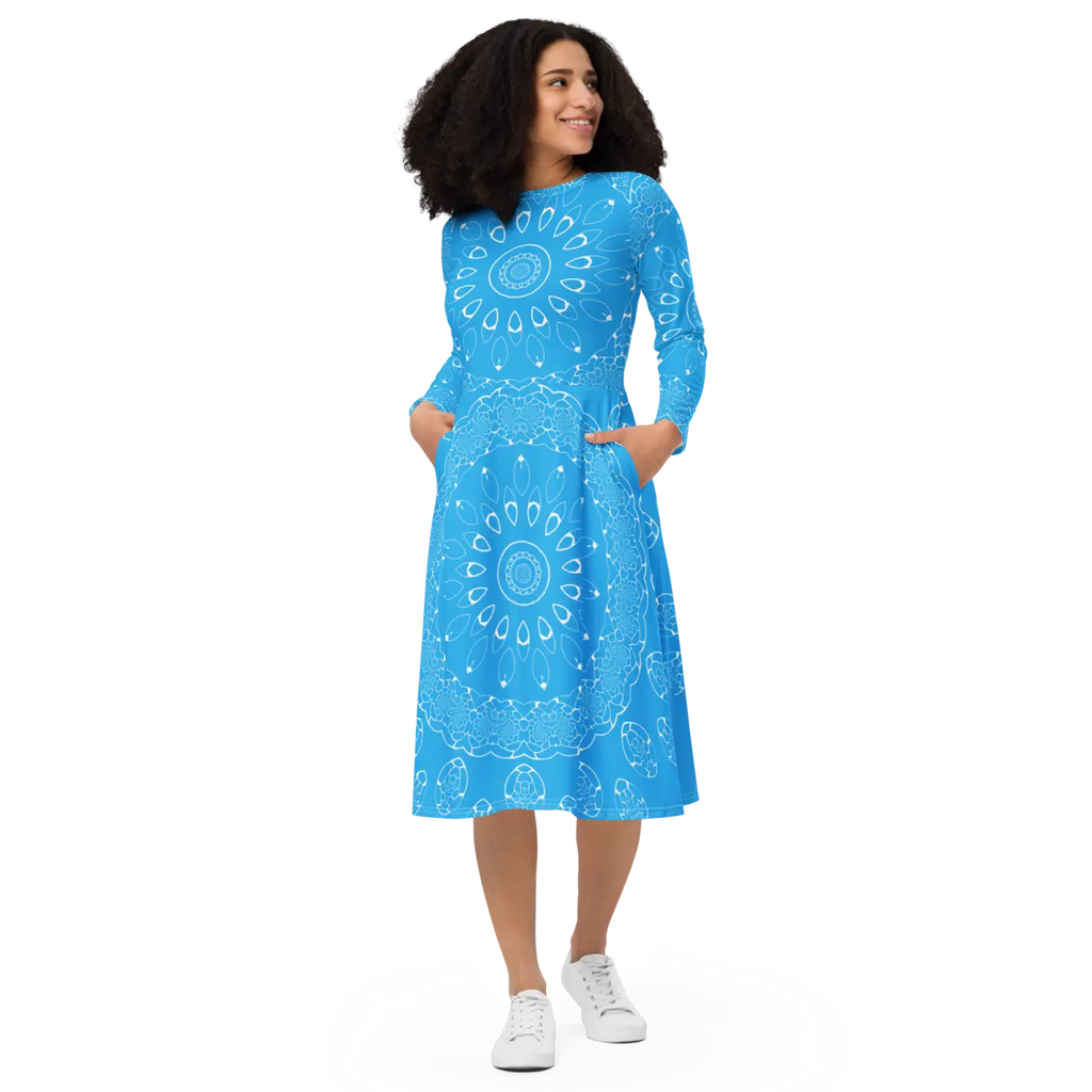 Blue Midi Dress - Geometric Print Long Sleeve - DipaliZ