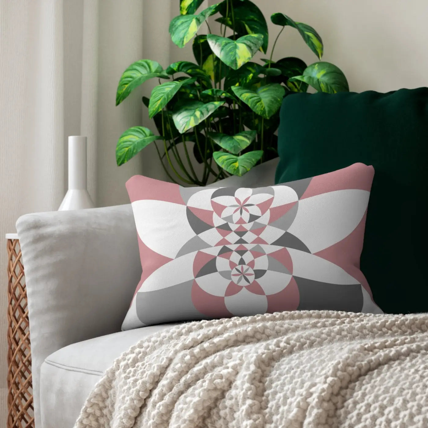 Spun Polyester Lumbar Pillow - Pink Grey Abstract Design - DipaliZ