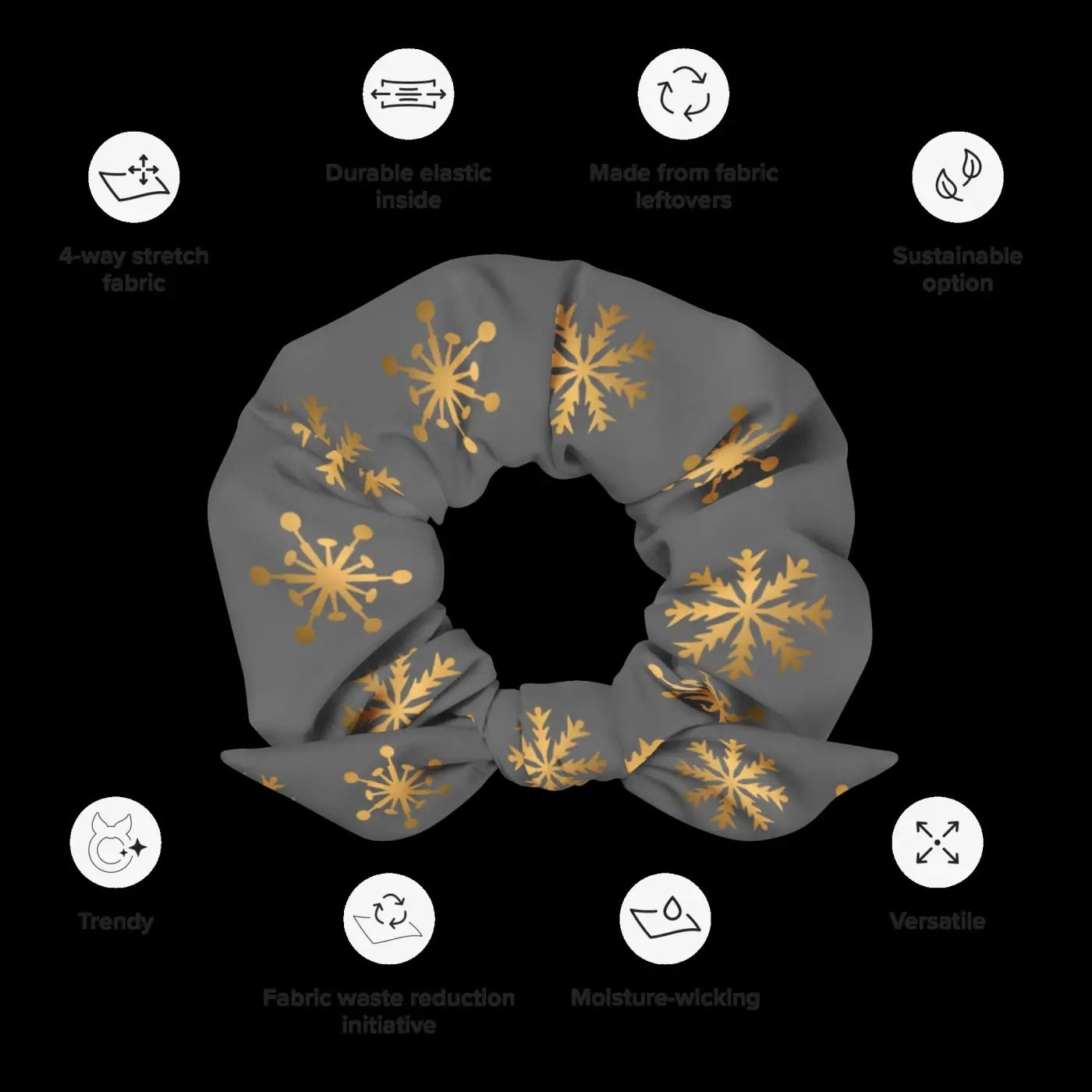Grey Recycled Scrunchie - Gold Snowflakes Eco Friendly - DipaliZ