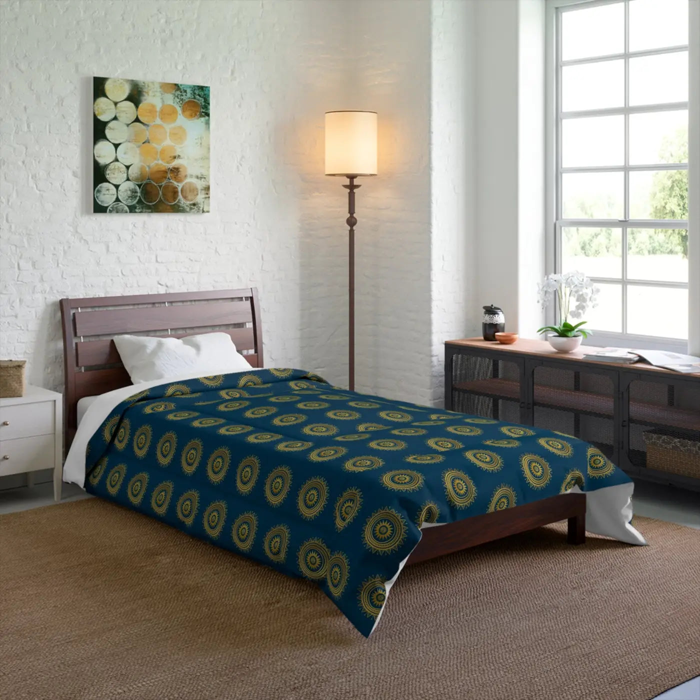 Cozy Comforter - Golden Geometrical Pattern on Blue - DipaliZ