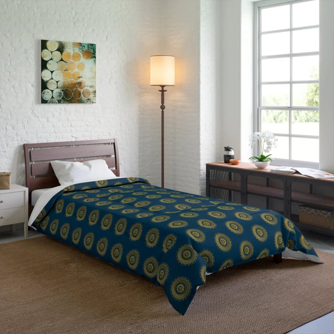 Cozy Comforter - Golden Geometrical Pattern on Blue - DipaliZ