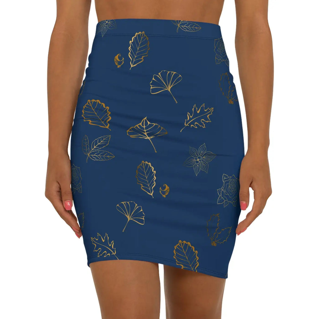 Golden Leaves Navy Blue Mini Skirt - Statement Fashion - DipaliZ