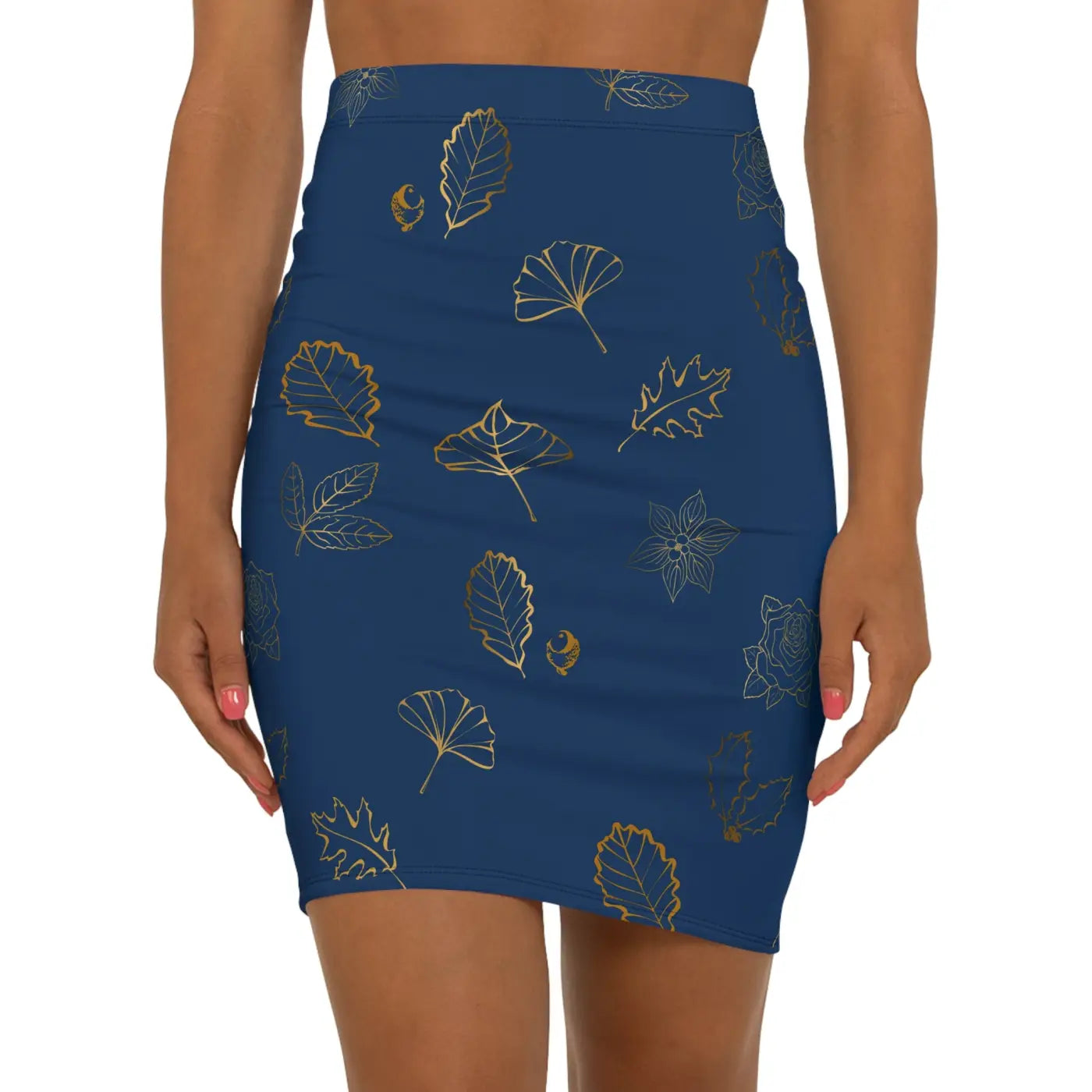 Golden Leaves Navy Blue Mini Skirt - Statement Fashion - DipaliZ