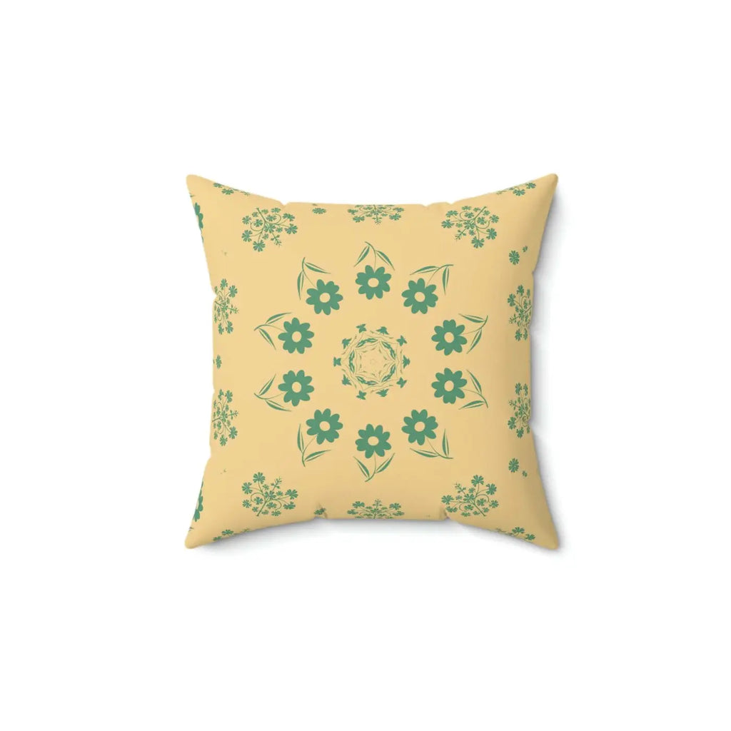 Polyester Square Pillow - Green Flowers on Yellow - DipaliZ