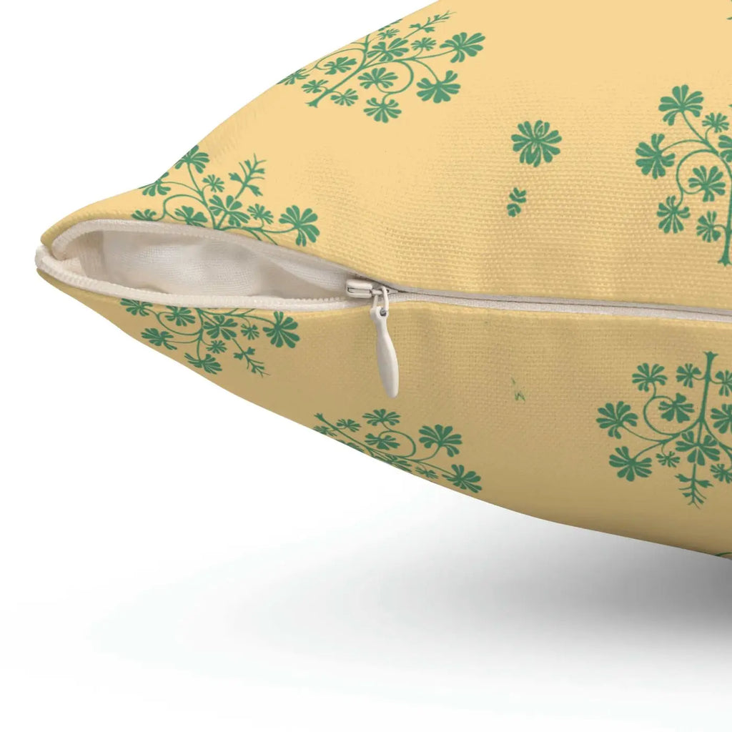 Polyester Square Pillow - Green Flowers on Yellow - DipaliZ