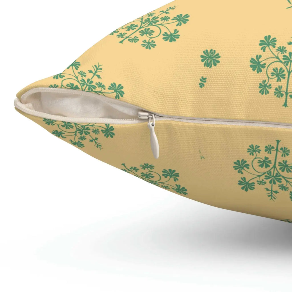Polyester Square Pillow - Green Flowers on Yellow - DipaliZ