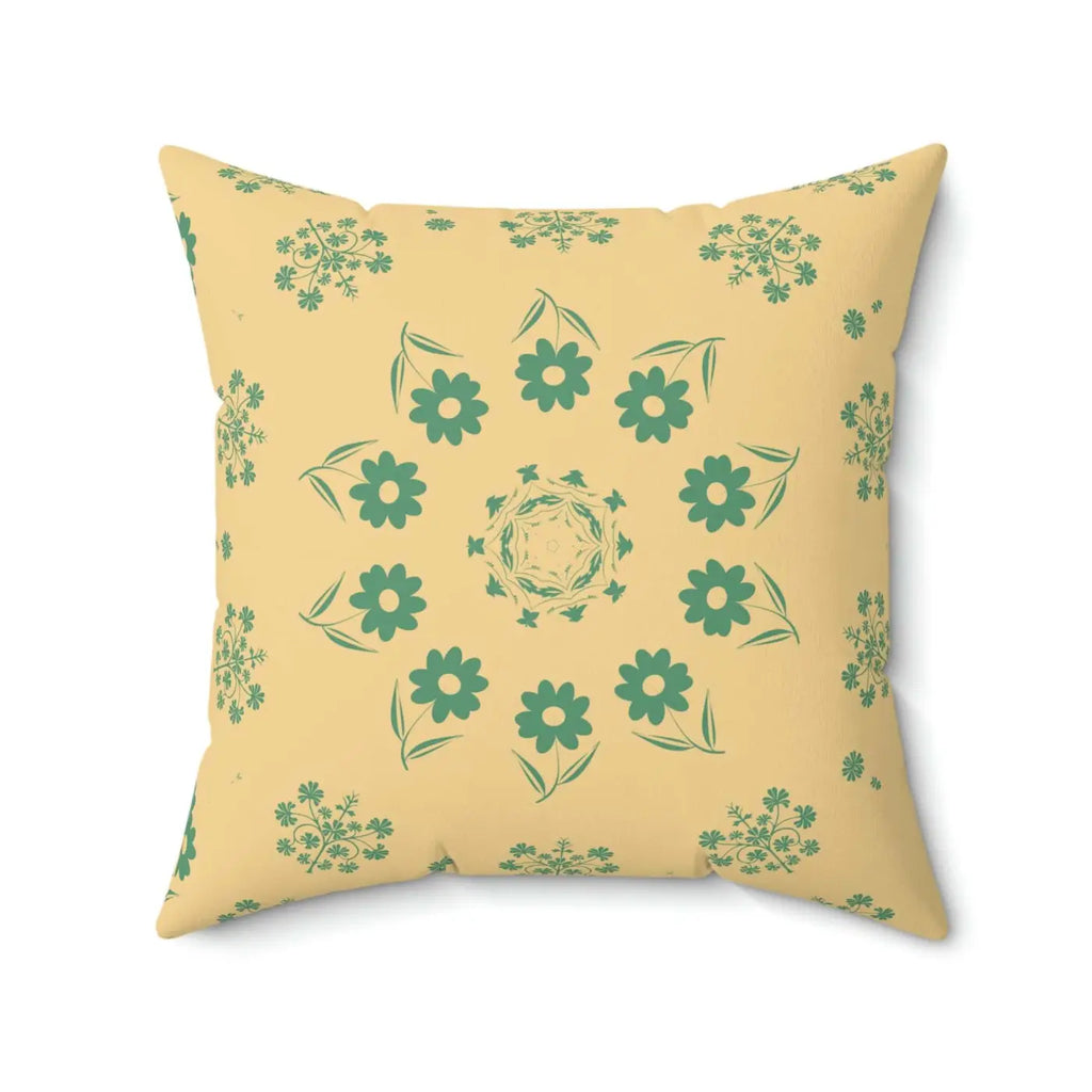 Polyester Square Pillow - Green Flowers on Yellow - DipaliZ
