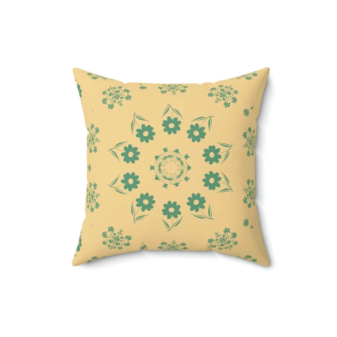 Polyester Square Pillow - Green Flowers on Yellow - DipaliZ