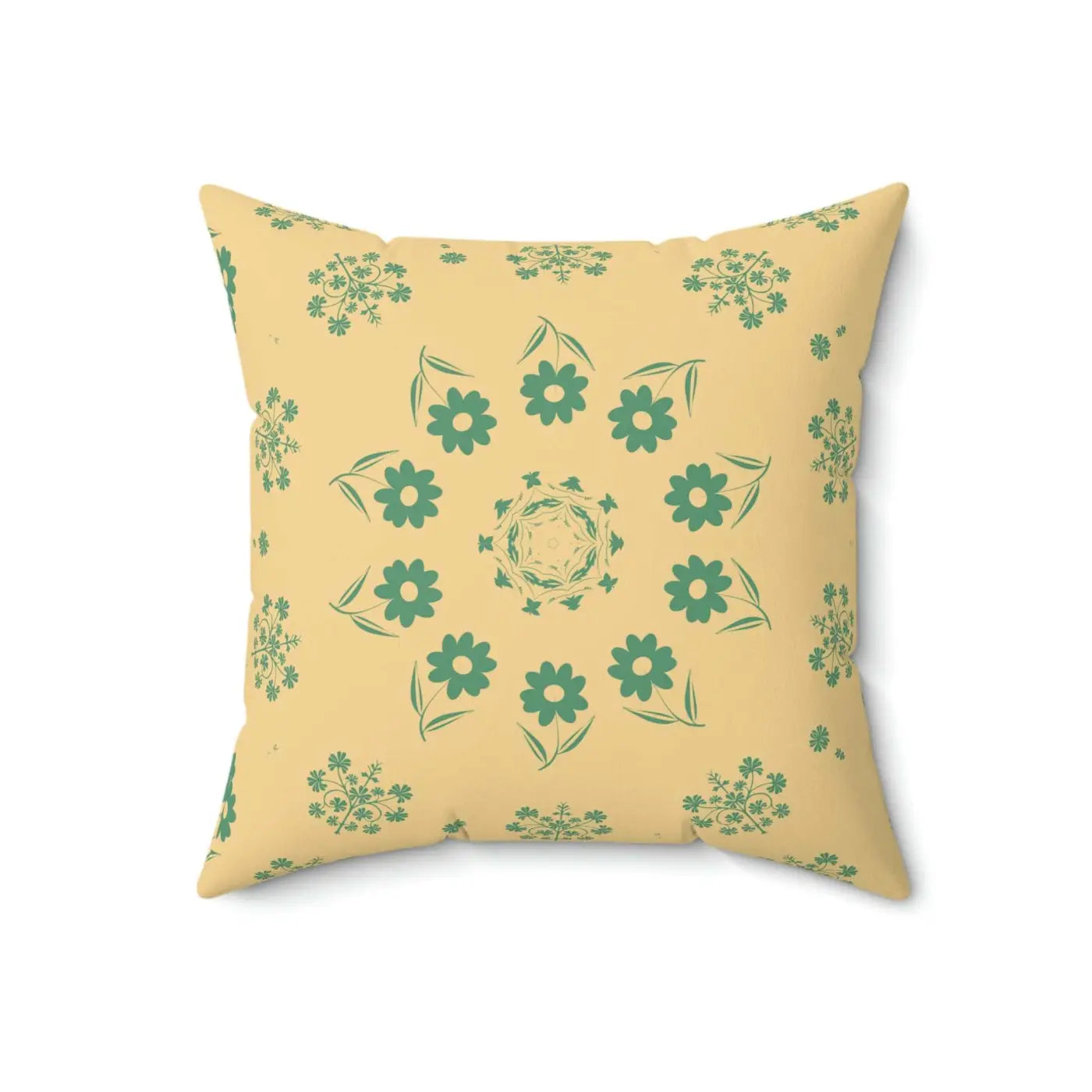 Polyester Square Pillow - Green Flowers on Yellow - DipaliZ