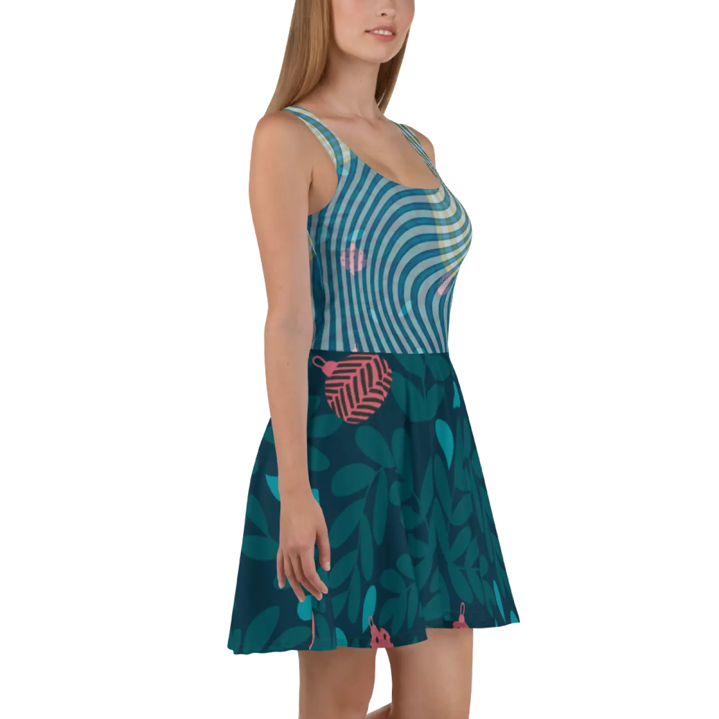 Green Wavy Skater Dress - Leafy Print Design - DipaliZ
