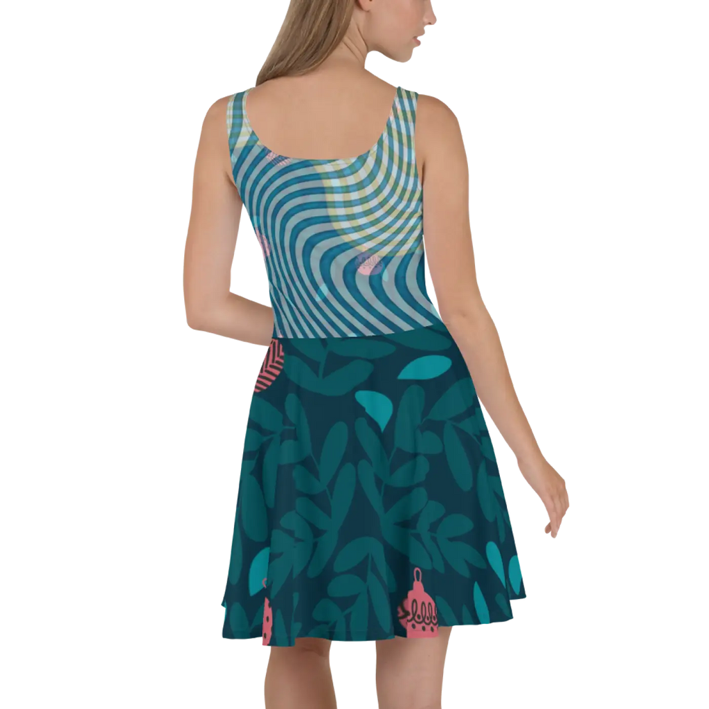 Green Wavy Skater Dress - Leafy Print Design - DipaliZ