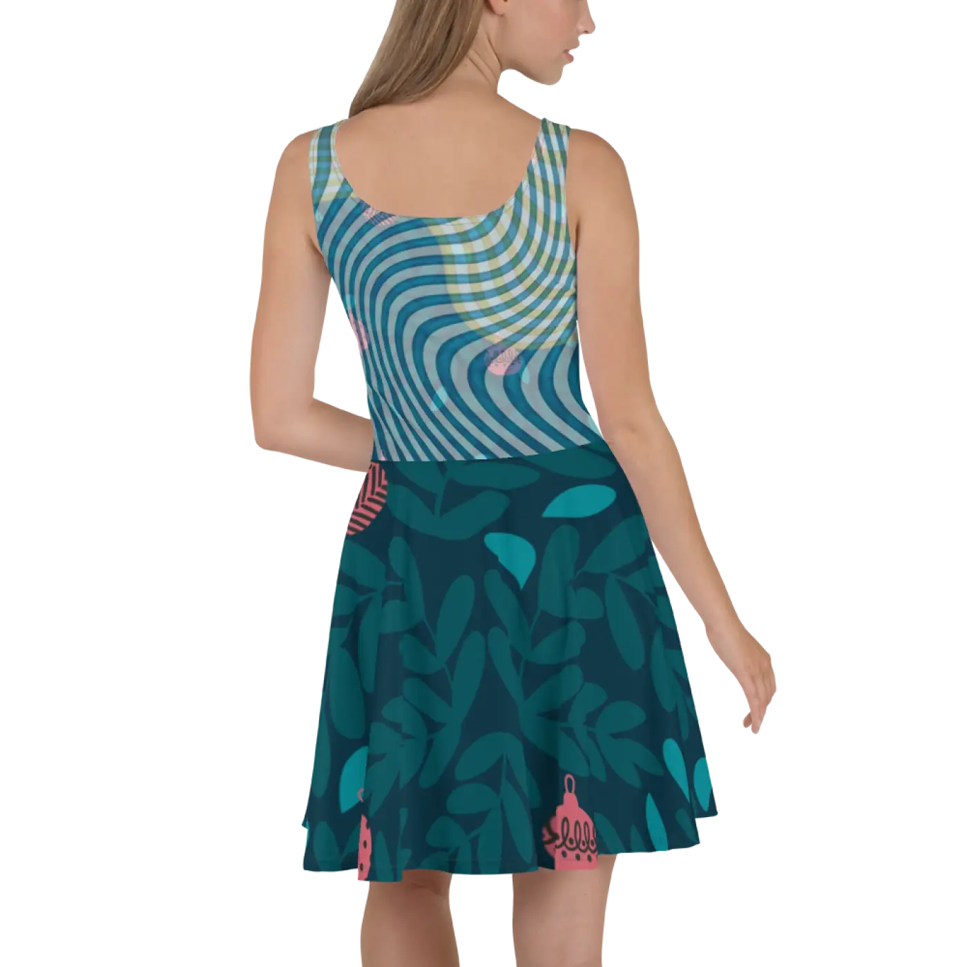 Green Wavy Skater Dress - Leafy Print Design - DipaliZ