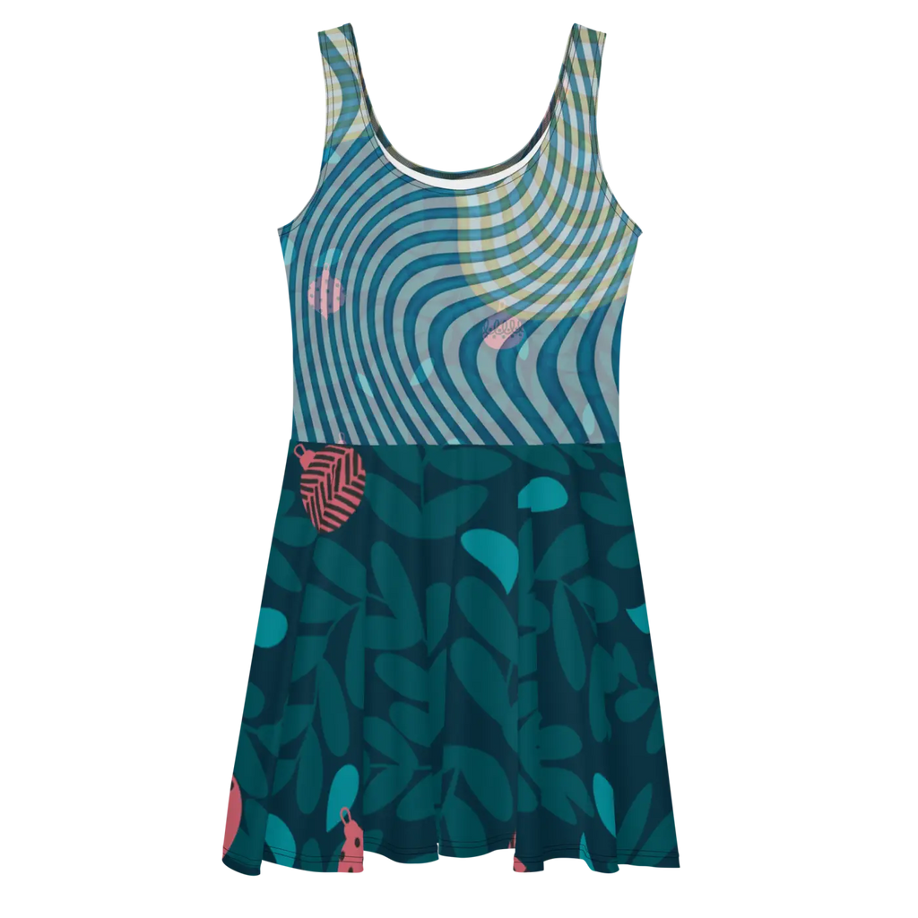 Green Wavy Skater Dress - Leafy Print Design - DipaliZ