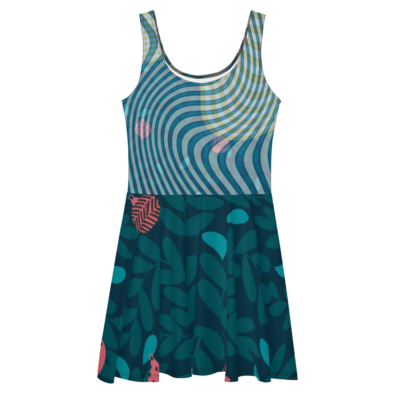 Green Wavy Skater Dress - Leafy Print Design - DipaliZ
