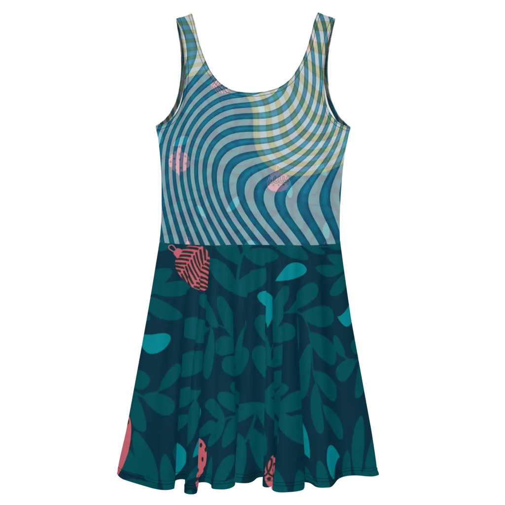 Green Wavy Skater Dress - Leafy Print Design - DipaliZ