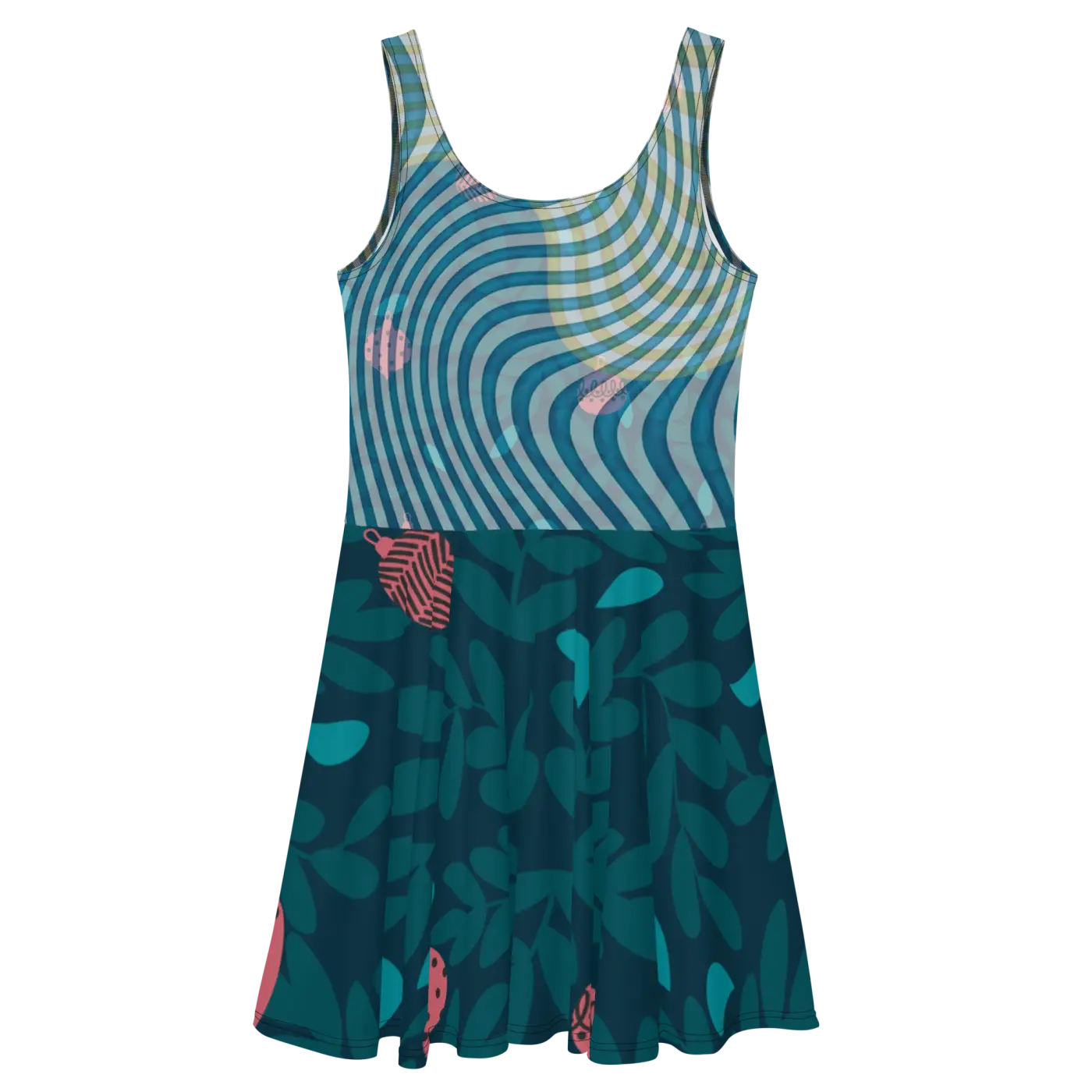 Green Wavy Skater Dress - Leafy Print Design - DipaliZ