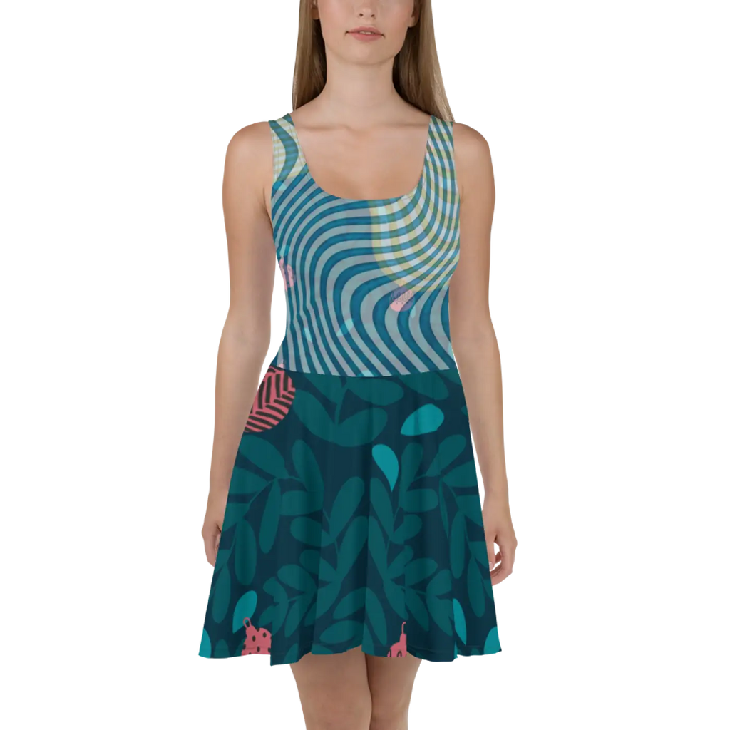 Green Wavy Skater Dress - Leafy Print Design - DipaliZ