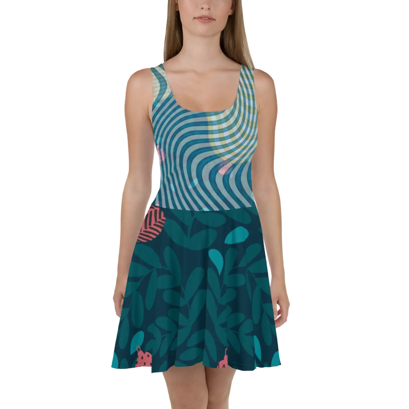 Green Wavy Skater Dress - Leafy Print Design - DipaliZ