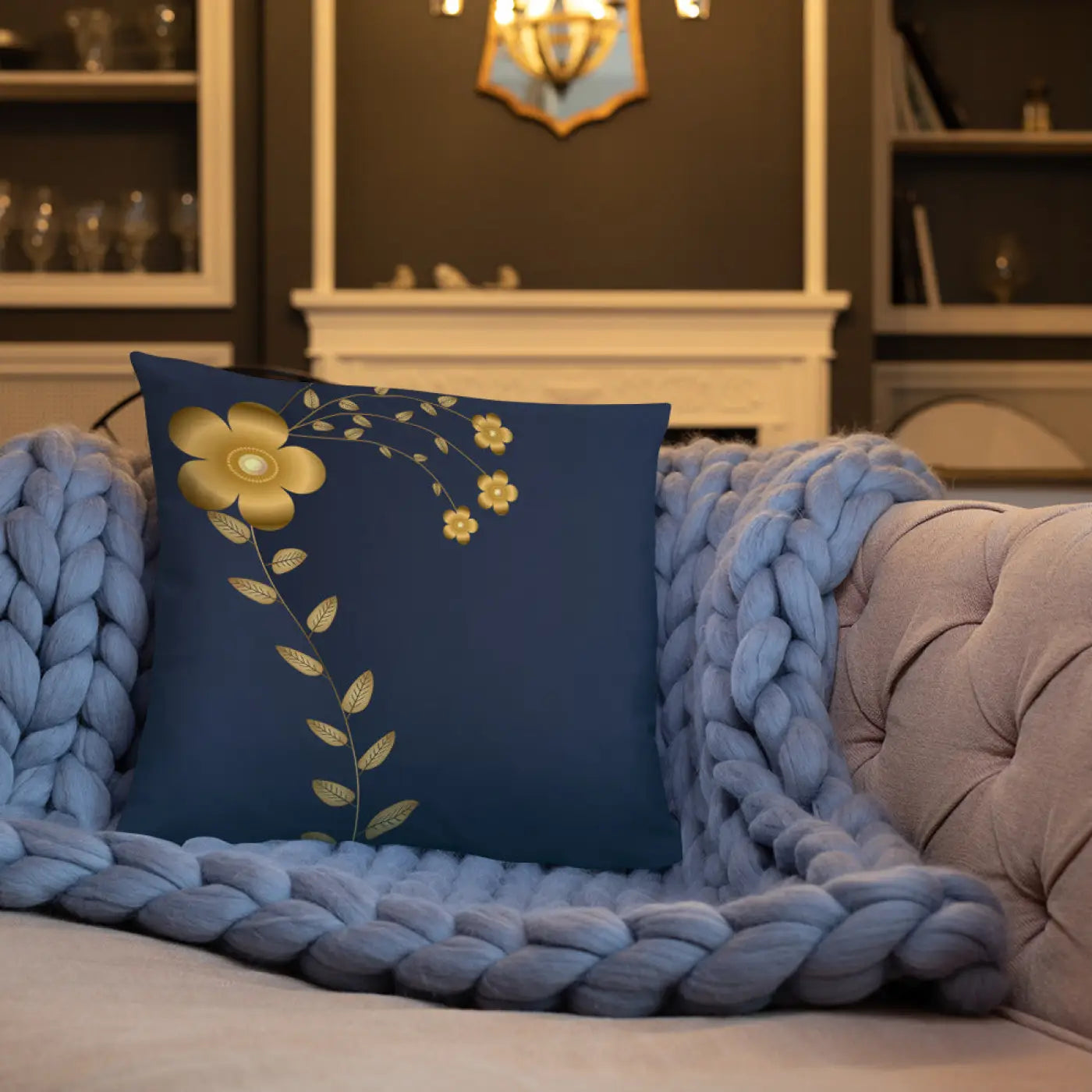 Navy Blue Throw Pillow - Lovely Floral Design - DipaliZ
