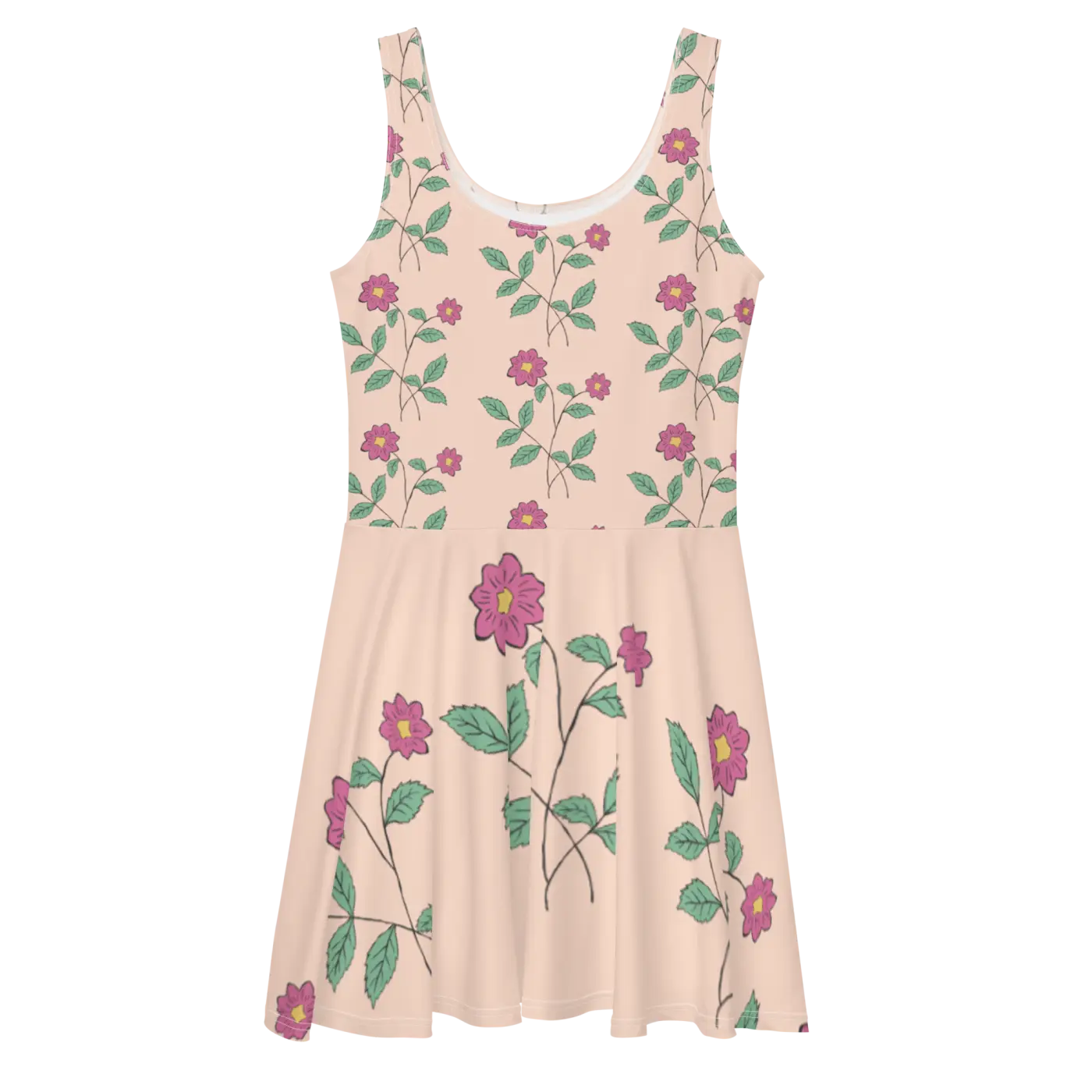 Pink Floral Skater Dress - Flared Skirt Design - DipaliZ