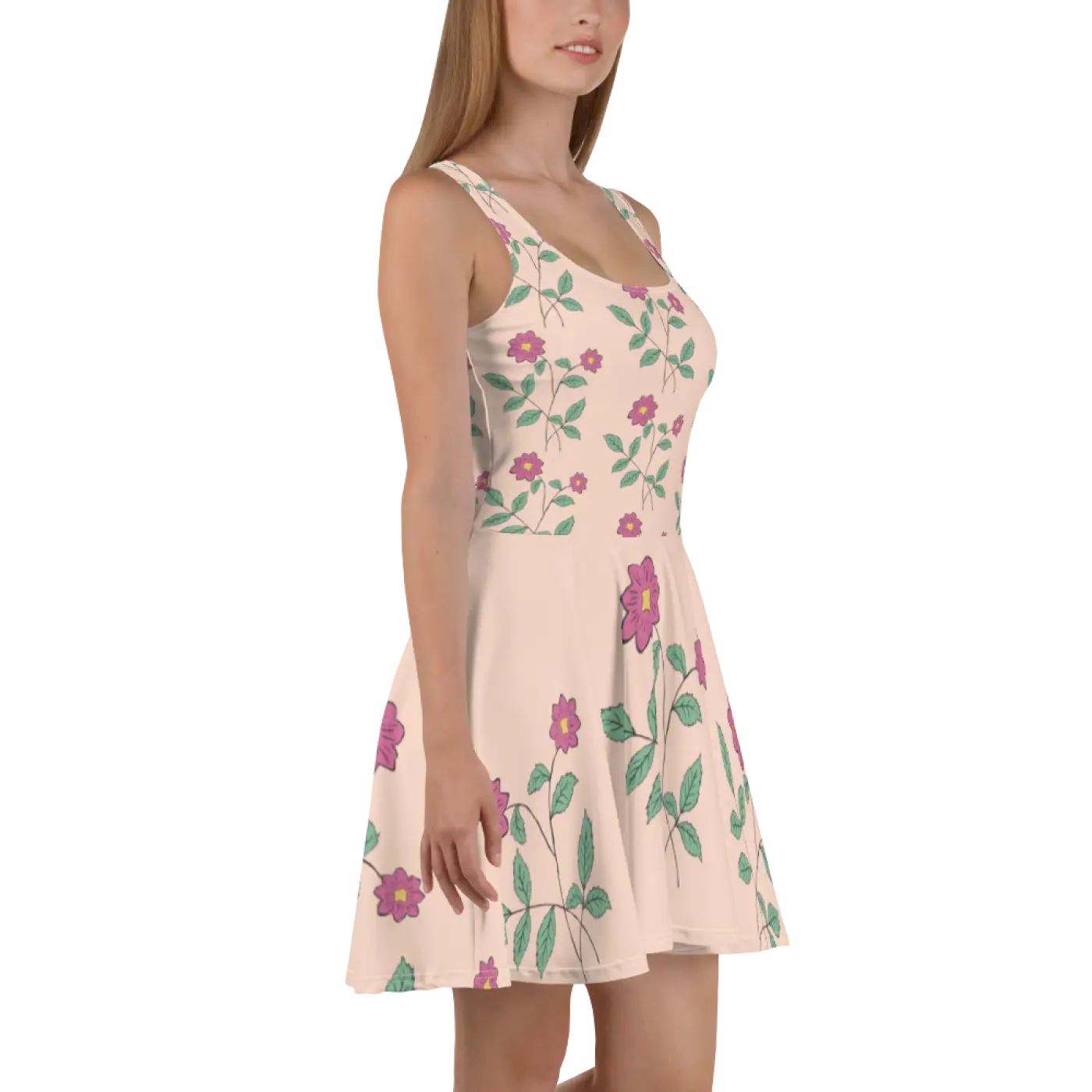 Pink Floral Skater Dress - Flared Skirt Design - DipaliZ
