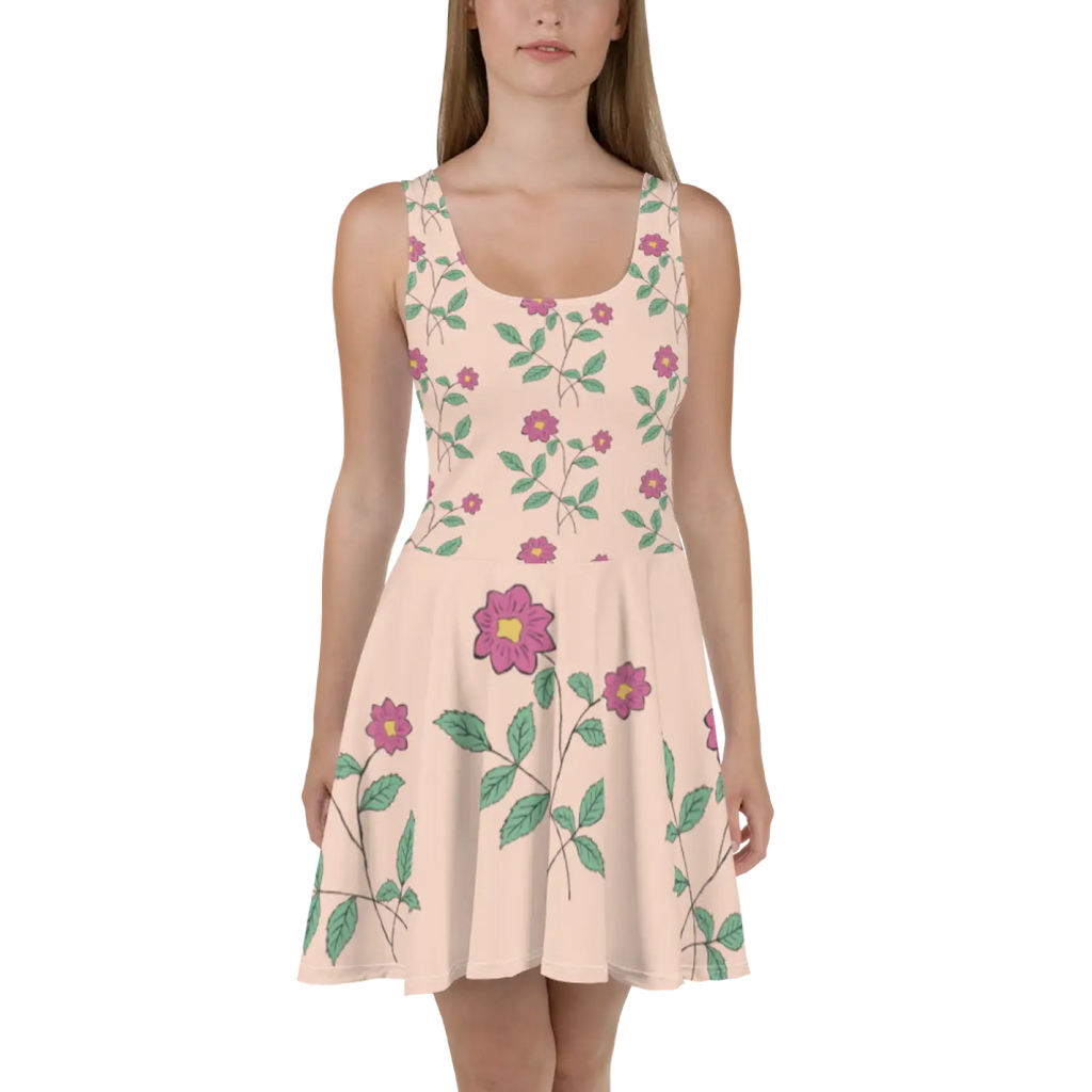 Pink Floral Skater Dress - Flared Skirt Design - DipaliZ
