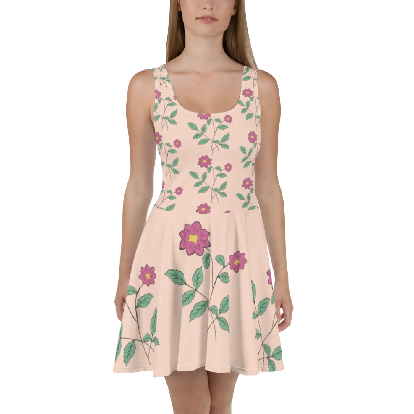 Pink Floral Skater Dress - Flared Skirt Design - DipaliZ